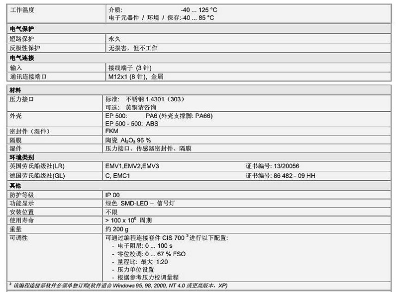 壓力變送傳感器技術參數EP 500系列2