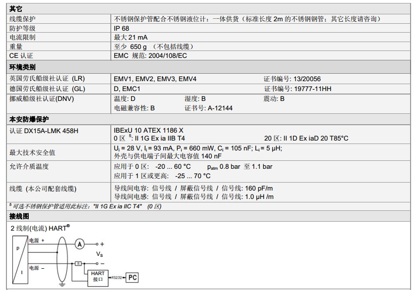靜壓投入式液位計技術參數LMK 458 H系列3