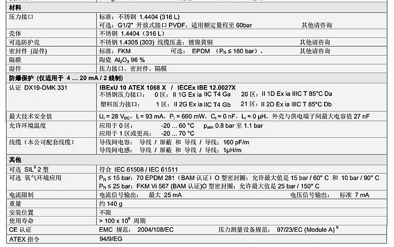 水處理壓力傳感器DMK-331系列技術參數2